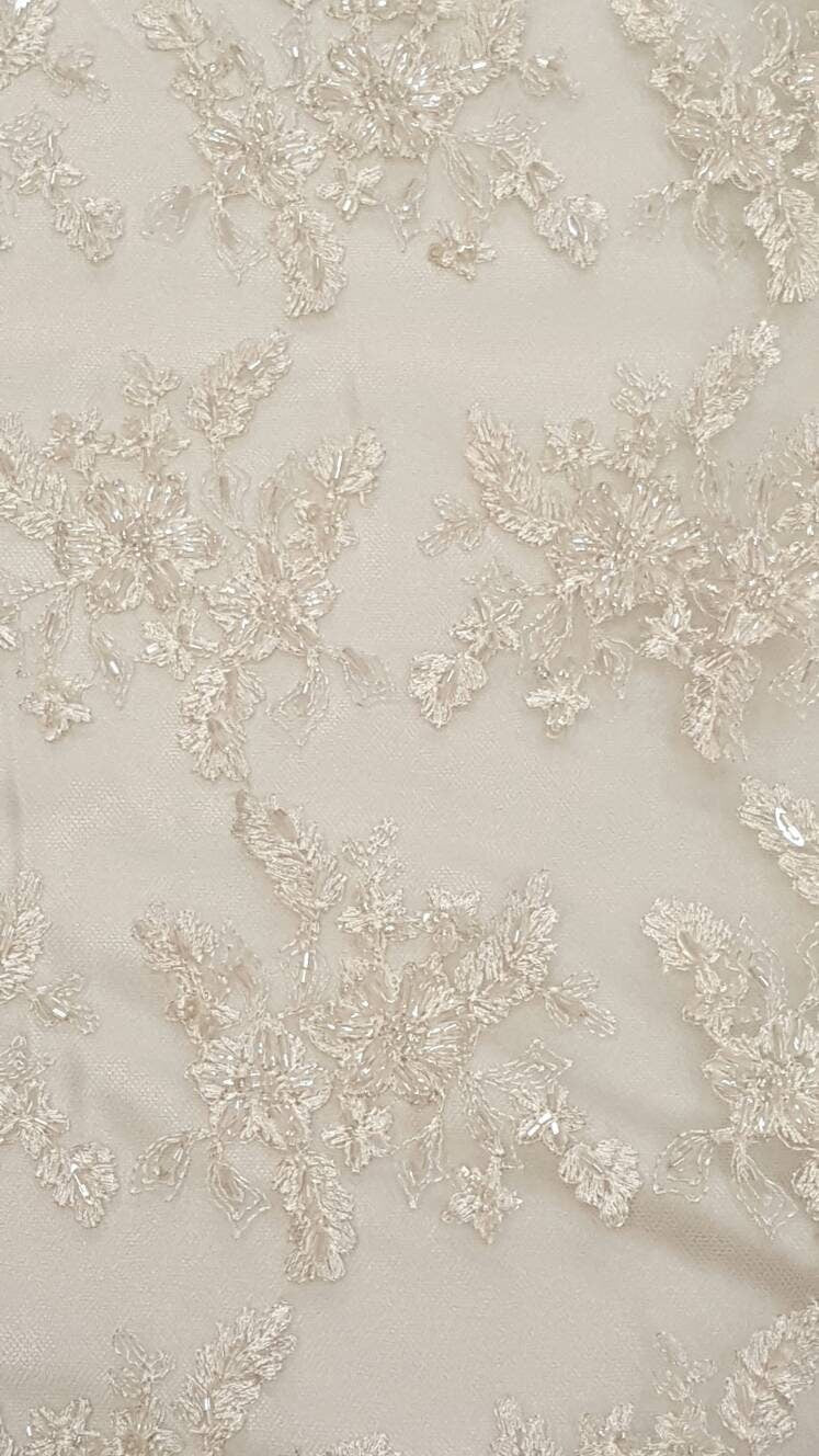 Beaded Bridal Lace Floral Embroidered Mesh Ivory