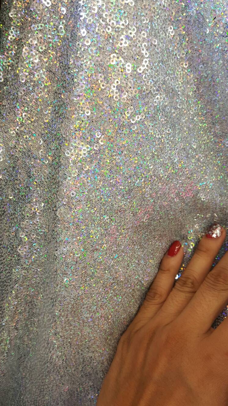 Sequin Mesh Fabric Silver Iridescent Hologram