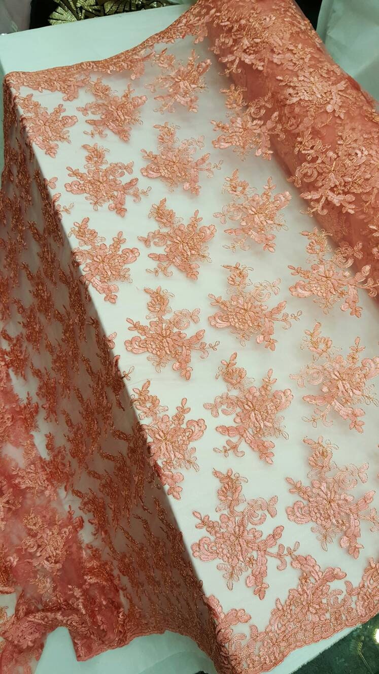 Embroidered Coral Lace Floral Flowers Gold Cord
