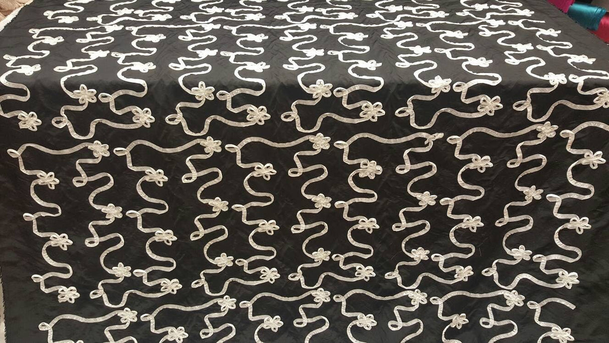 Embroidered Taffeta Black White Floral