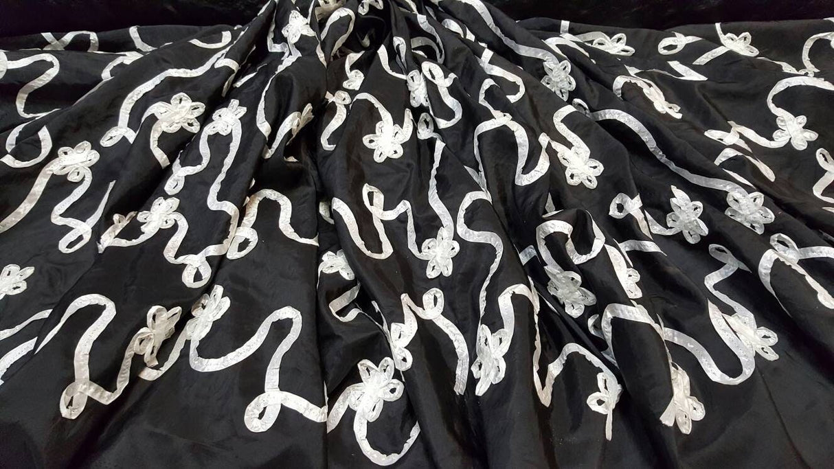 Embroidered Taffeta Black White Floral