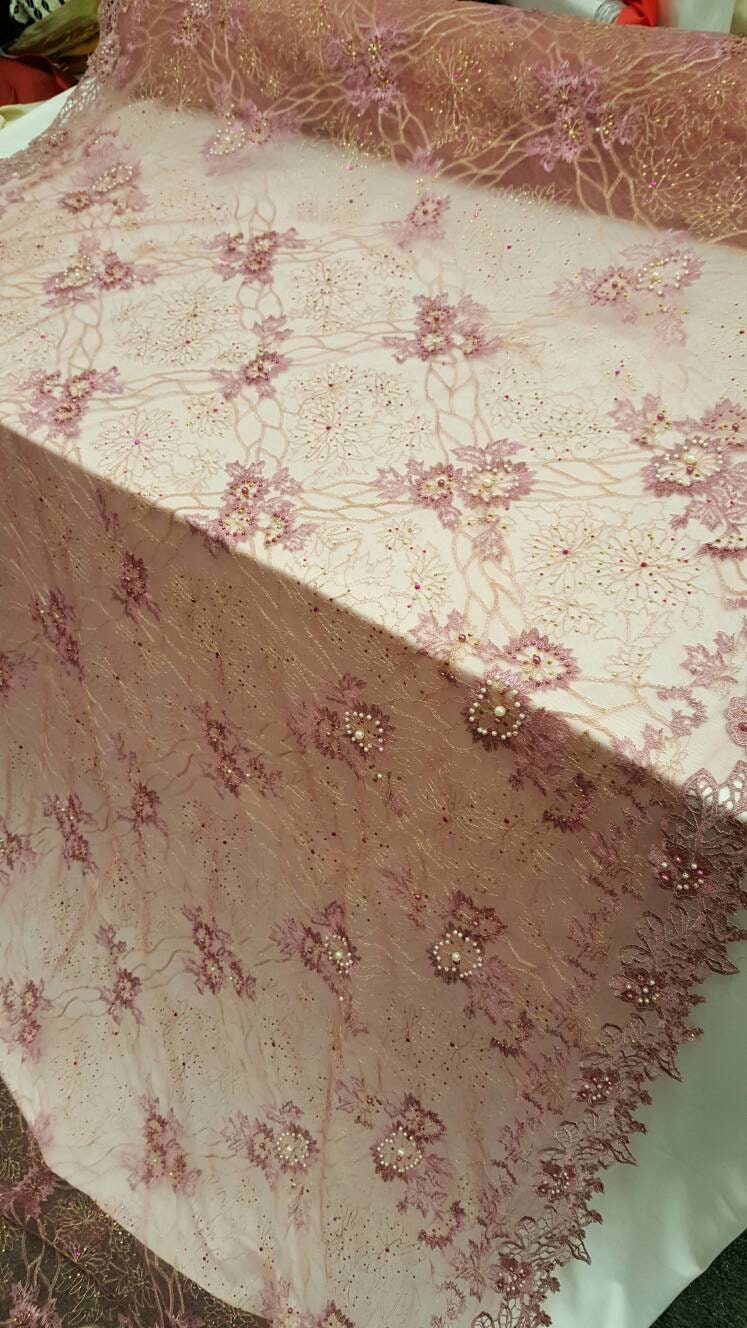 Hand Beaded Lace Mauve Floral Double Scalloped