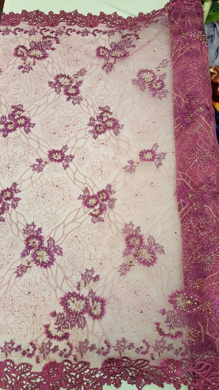 Beaded Lace Floral Magenta Mesh