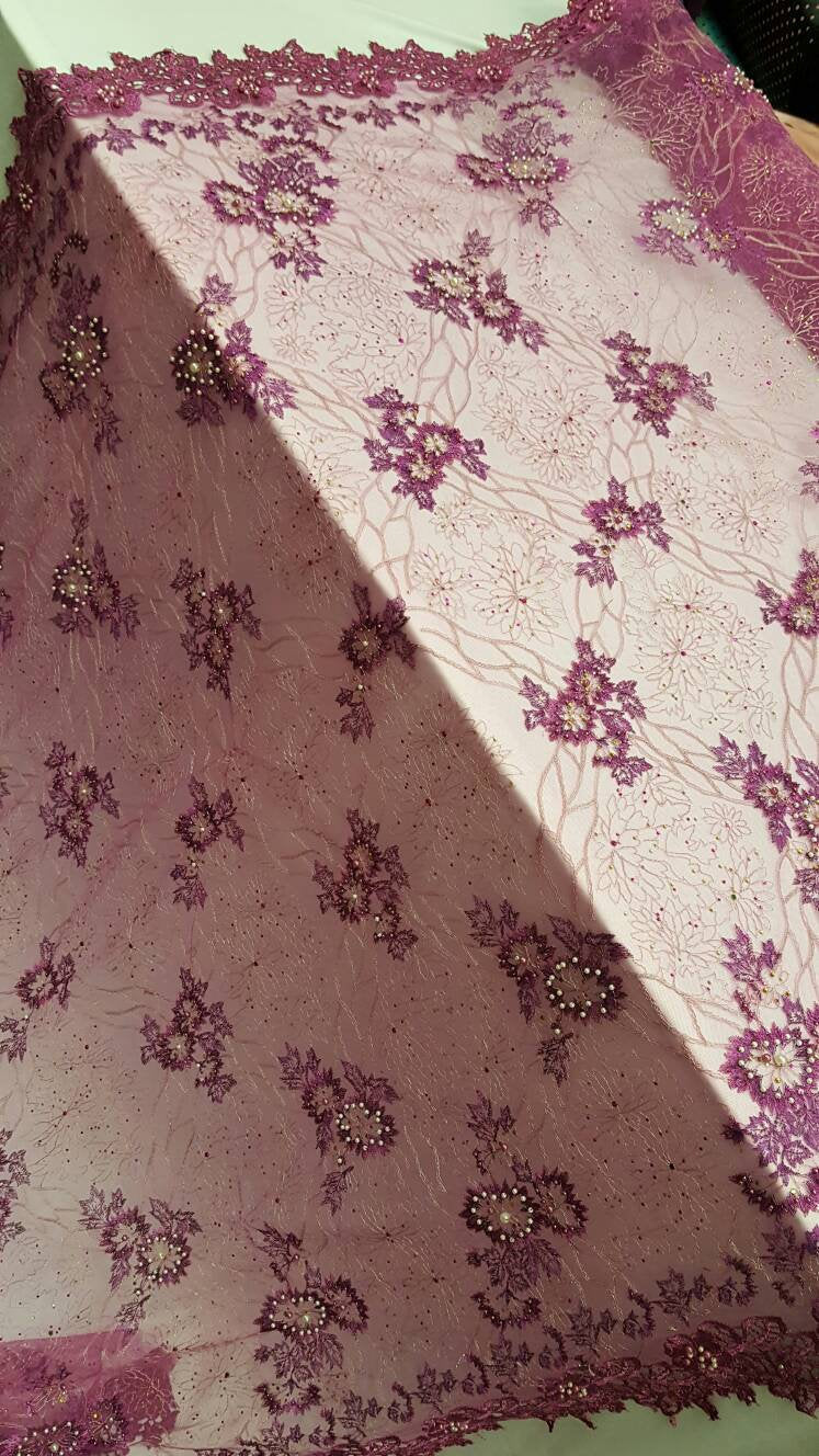 Beaded Lace Floral Magenta Mesh