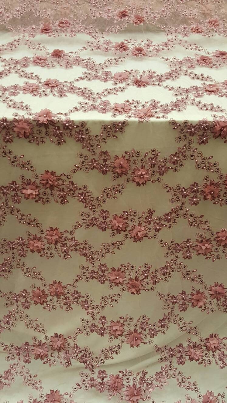 3D Floral Lace Mauve Pink Hand Beaded Embroidered