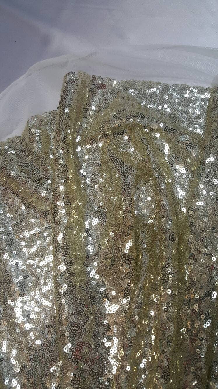 Sequin Mesh Stretch Fabric Light Gold on White