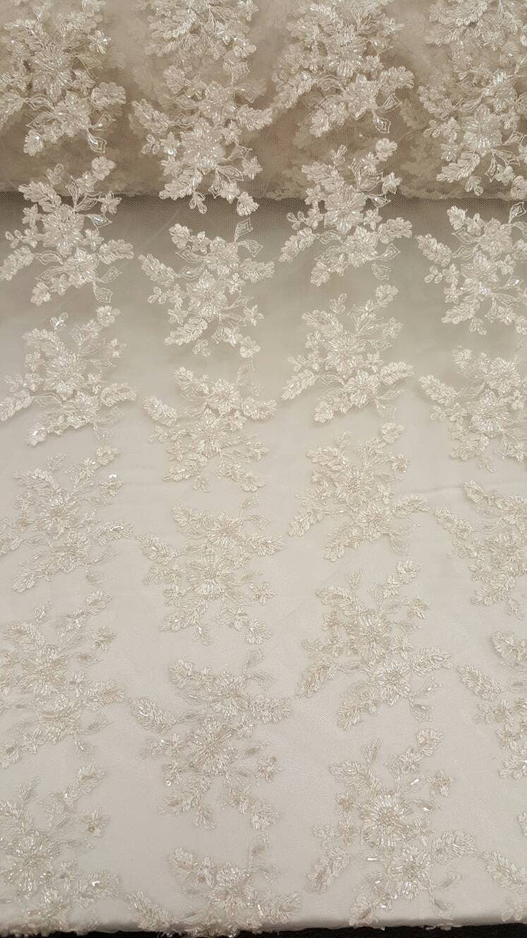 Beaded Bridal Lace Floral Embroidered Mesh Ivory