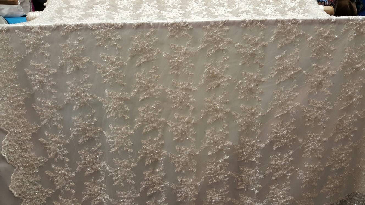 Beaded Bridal Lace Floral Embroidered Mesh Ivory
