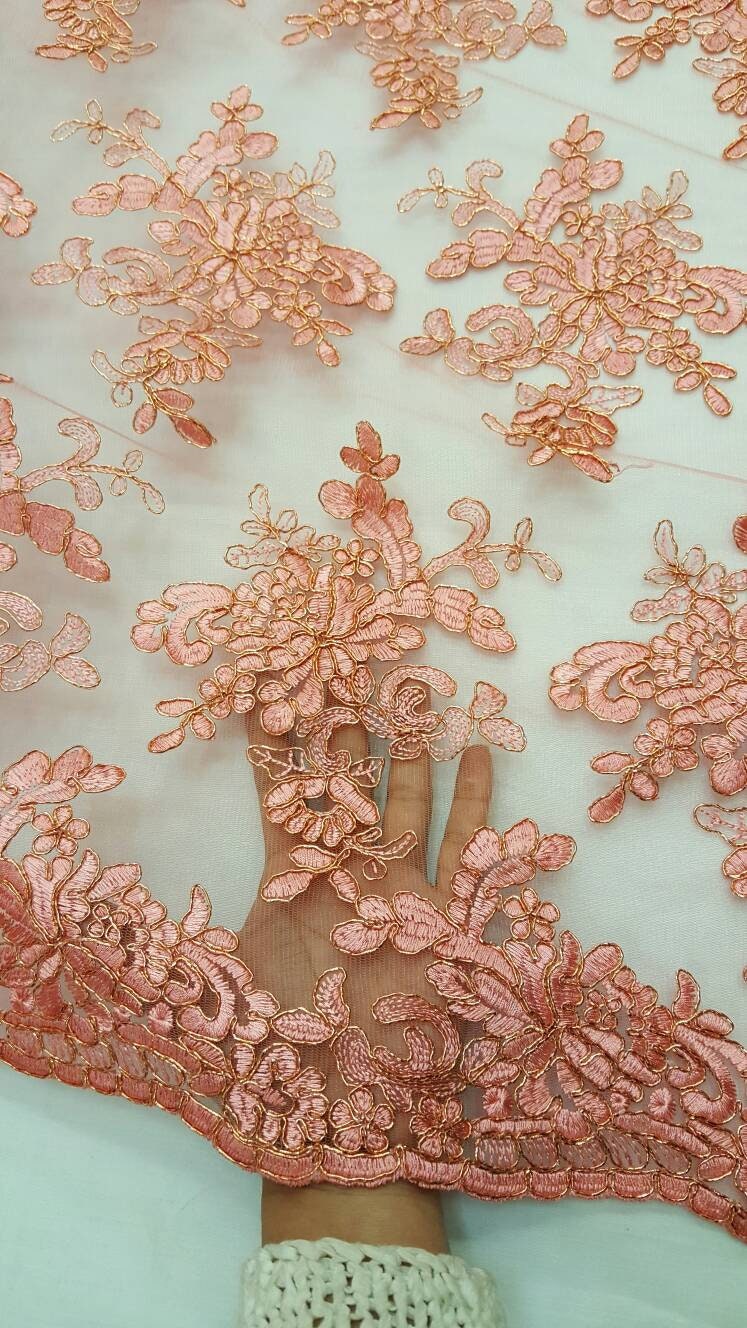 Embroidered Coral Lace Floral Flowers Gold Cord