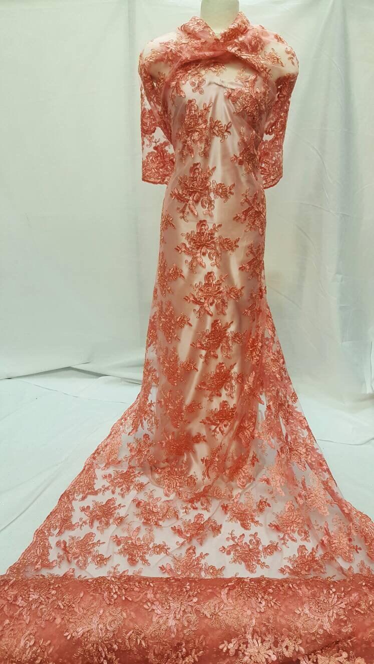 Embroidered Coral Lace Floral Flowers Gold Cord