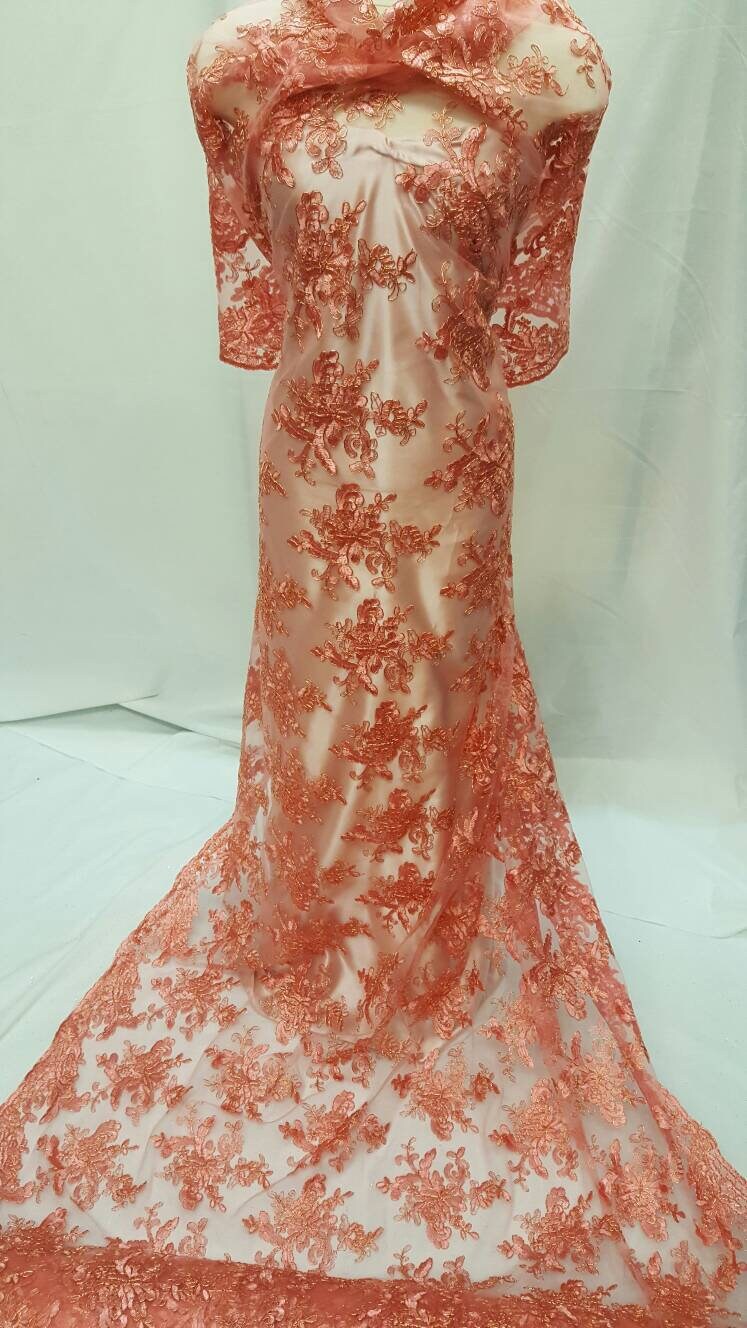 Embroidered Coral Lace Floral Flowers Gold Cord