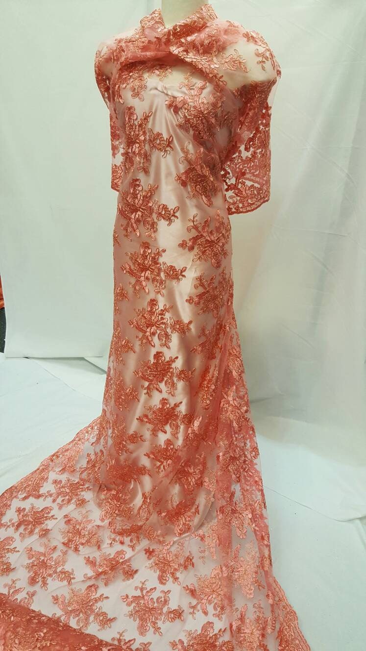 Embroidered Coral Lace Floral Flowers Gold Cord