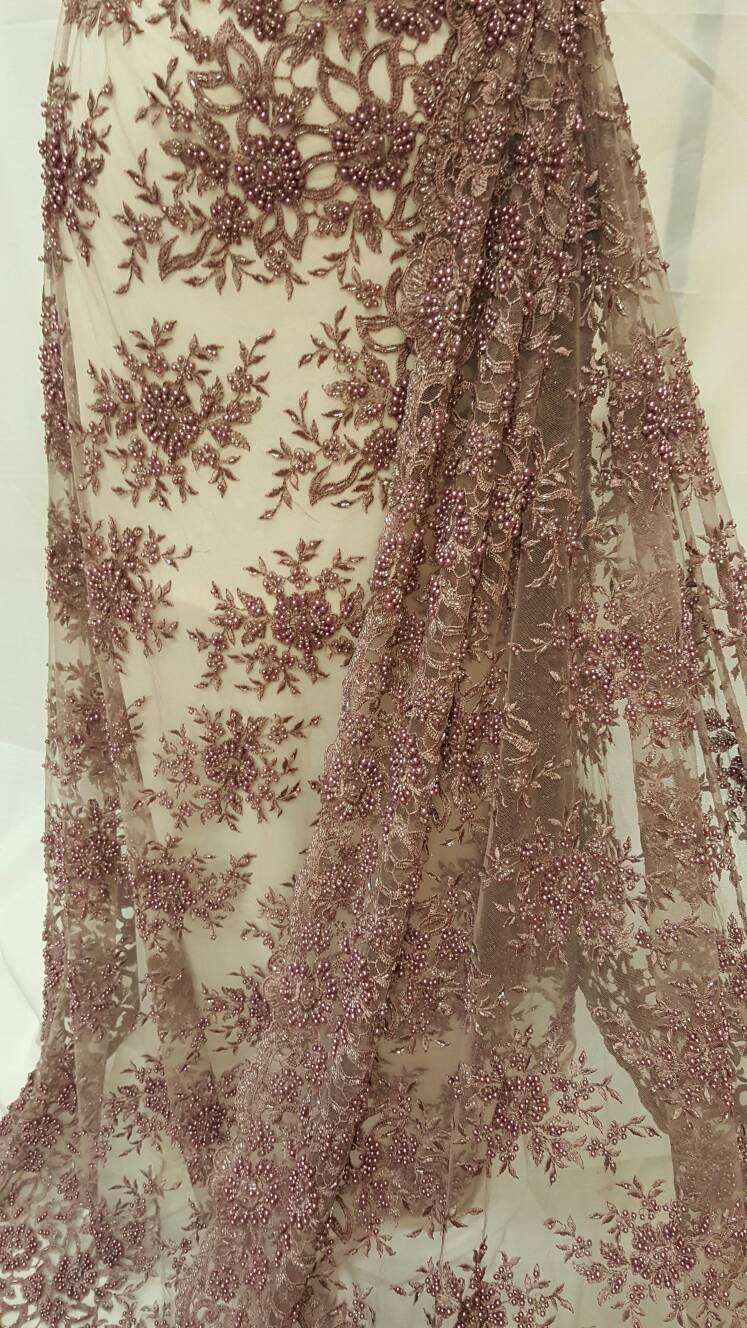 Beaded Lace Mauve Floral Pearl Mesh