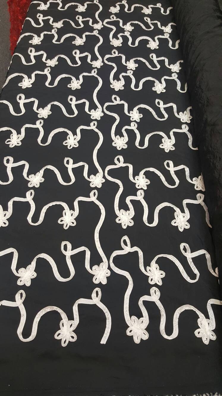 Embroidered Taffeta Black White Floral