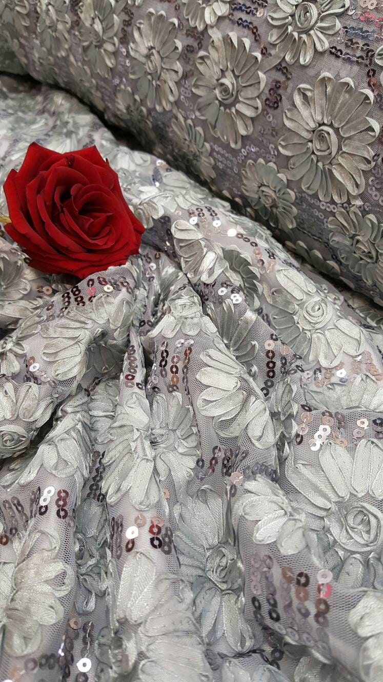 Sequin Lace Embroidered Floral Mesh Silver Gray