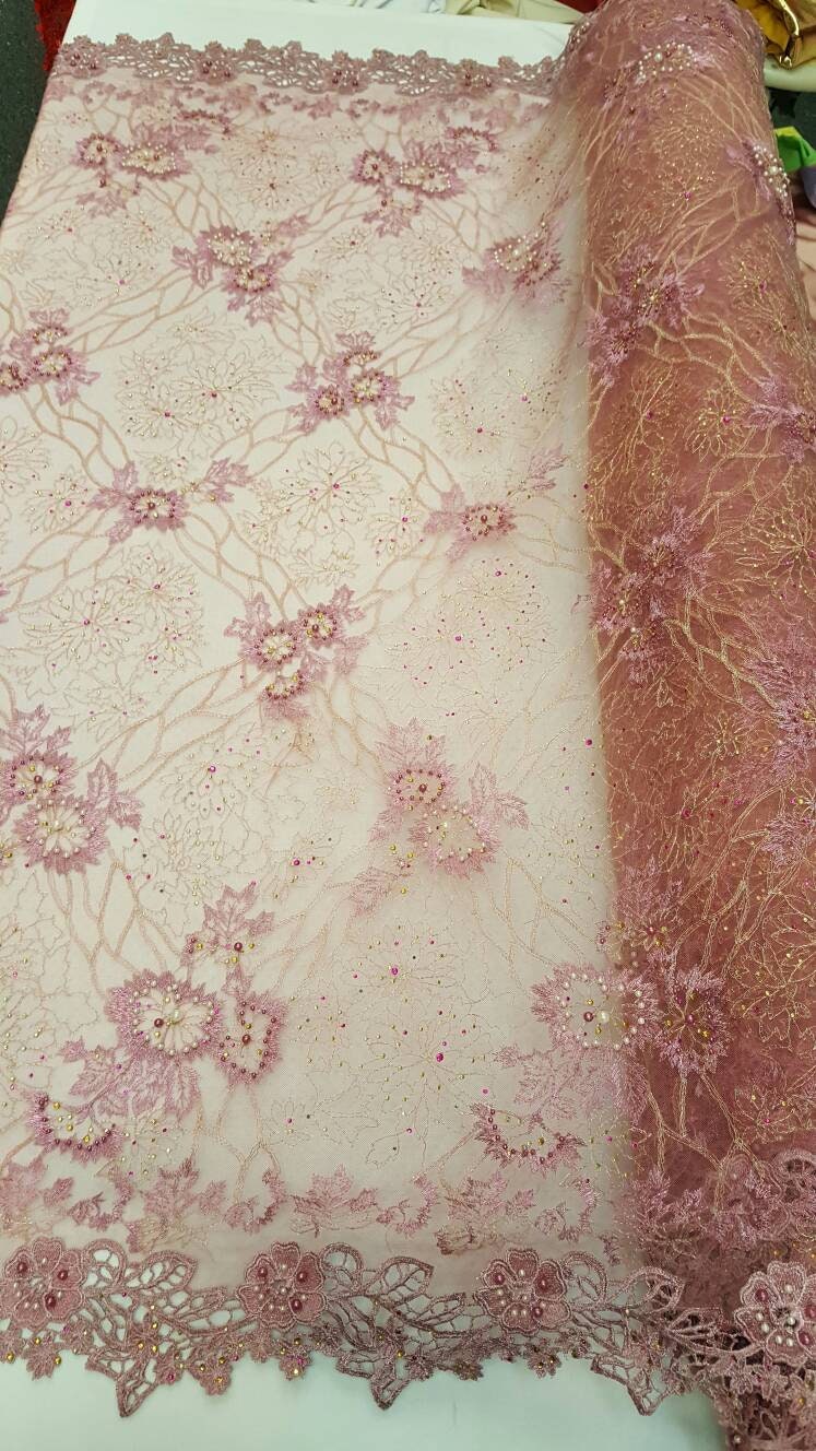 Hand Beaded Lace Mauve Floral Double Scalloped