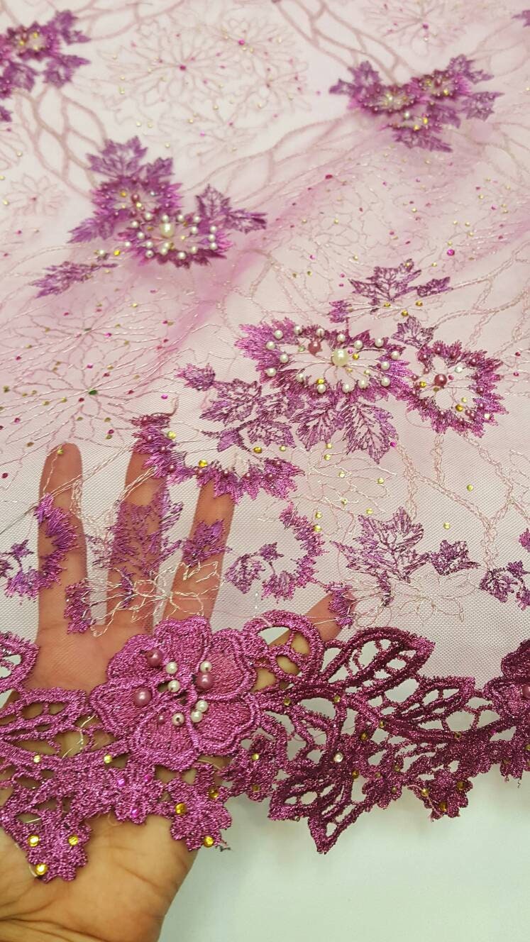 Beaded Lace Floral Magenta Mesh