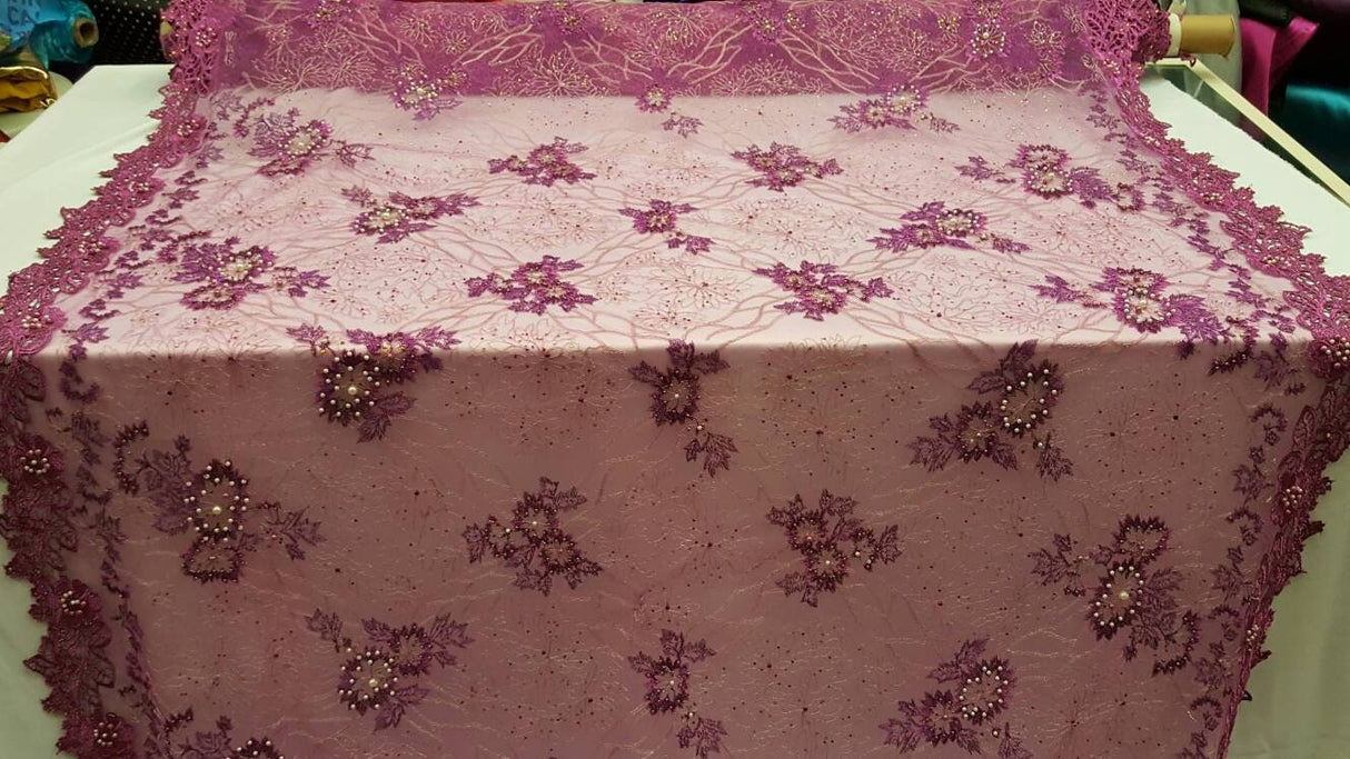 Beaded Lace Floral Magenta Mesh
