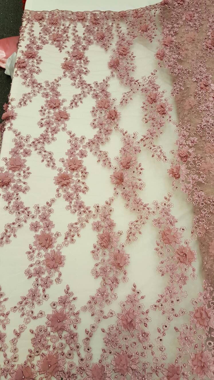 3D Floral Lace Mauve Pink Hand Beaded Embroidered