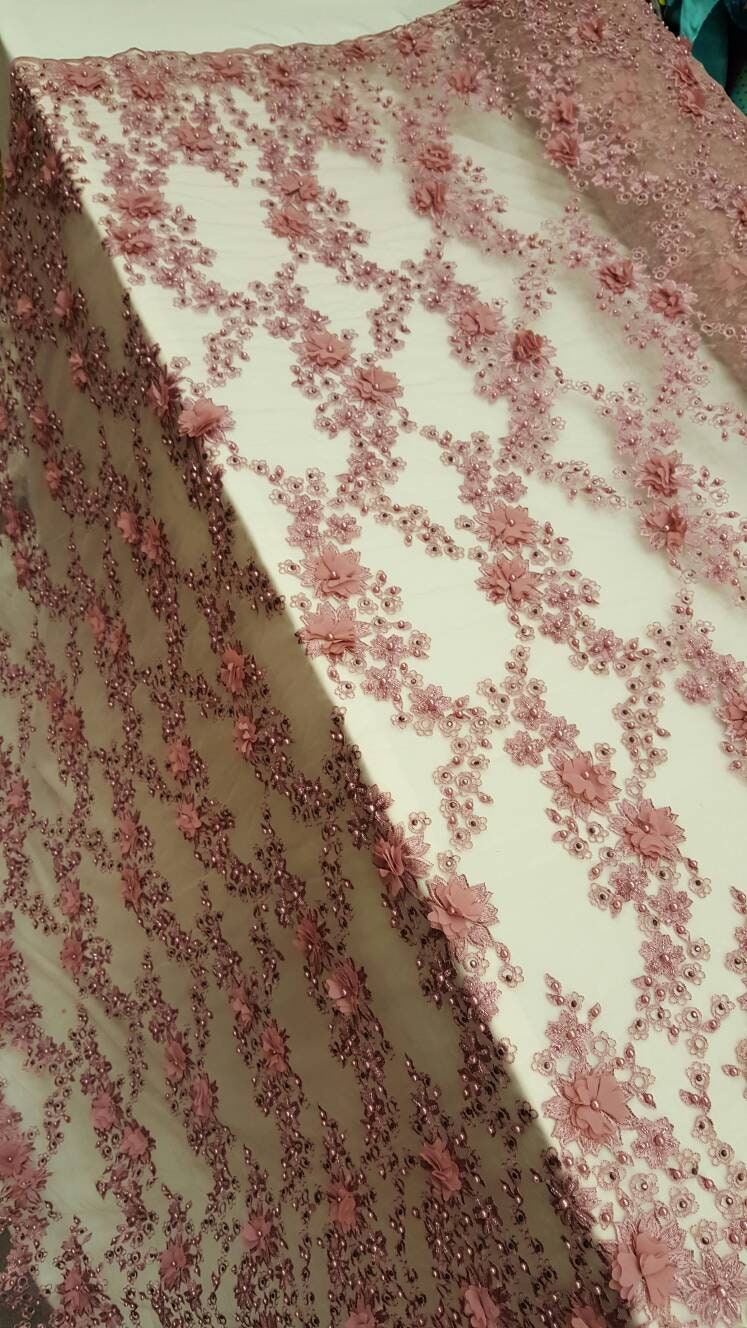3D Floral Lace Mauve Pink Hand Beaded Embroidered