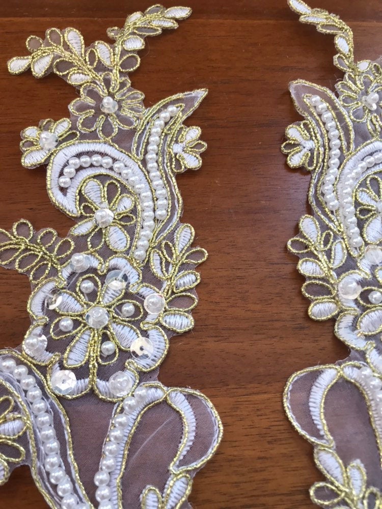 Bridal Applique White Gold Pearl Bead Pair