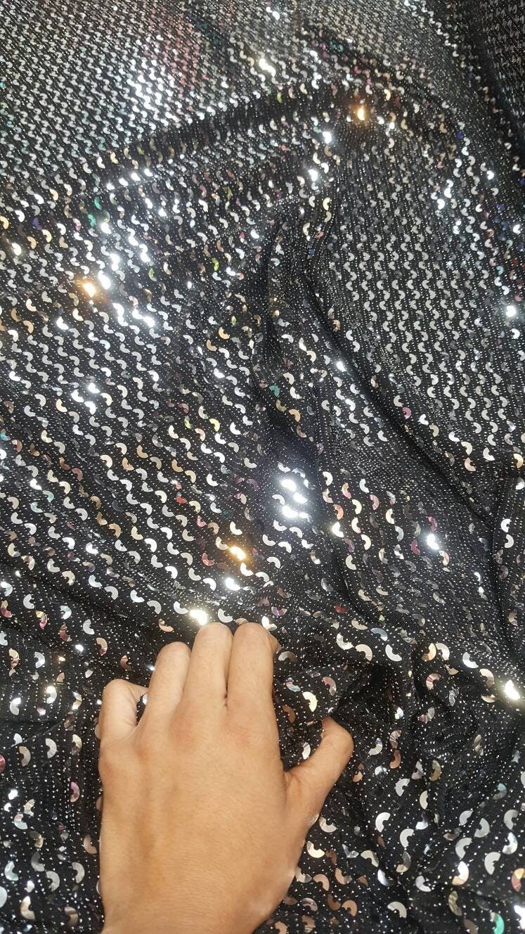 Silver Sequin Stretch Fabric on Black