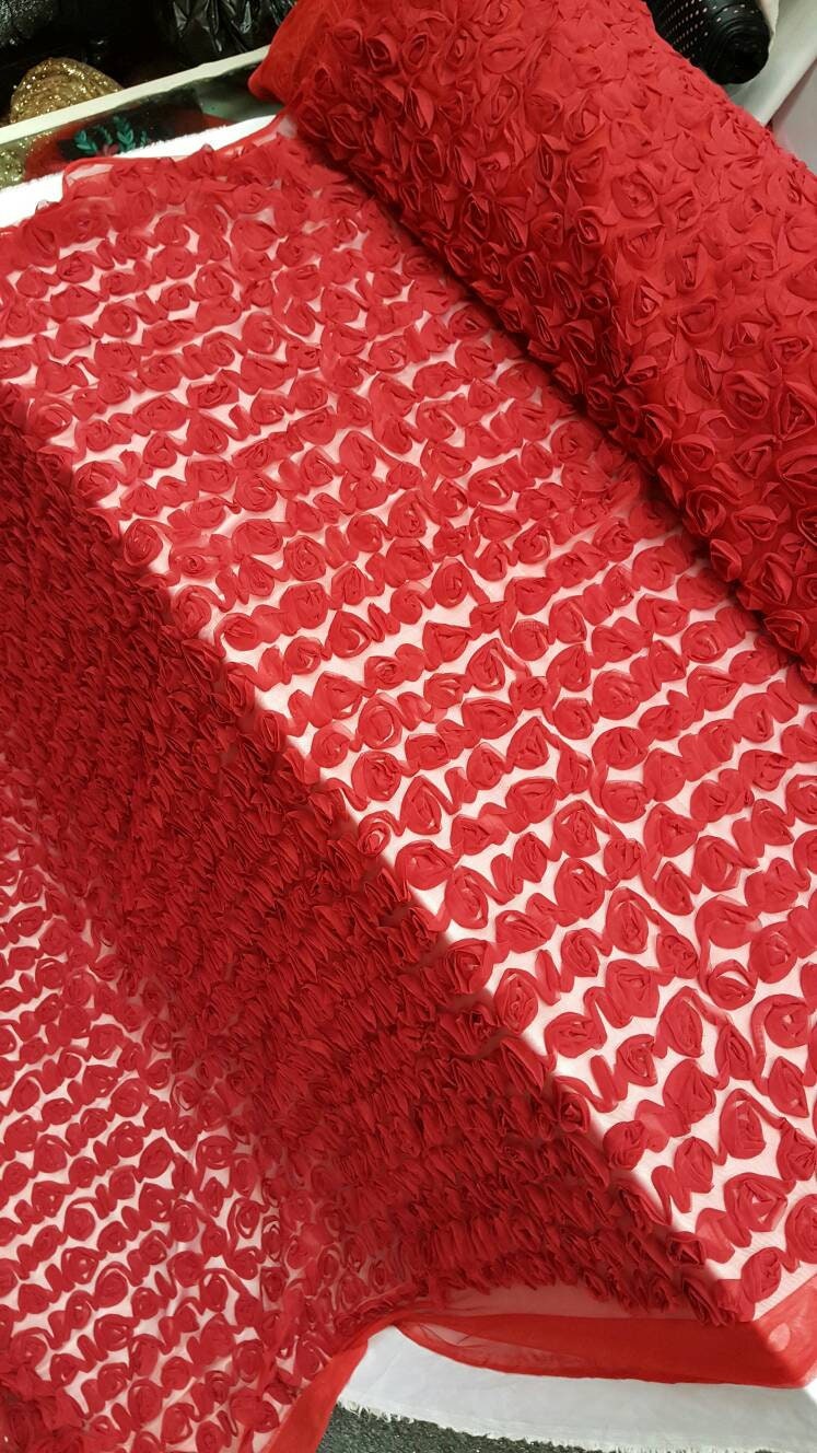 Floral Lace Chiffon on Mesh Red