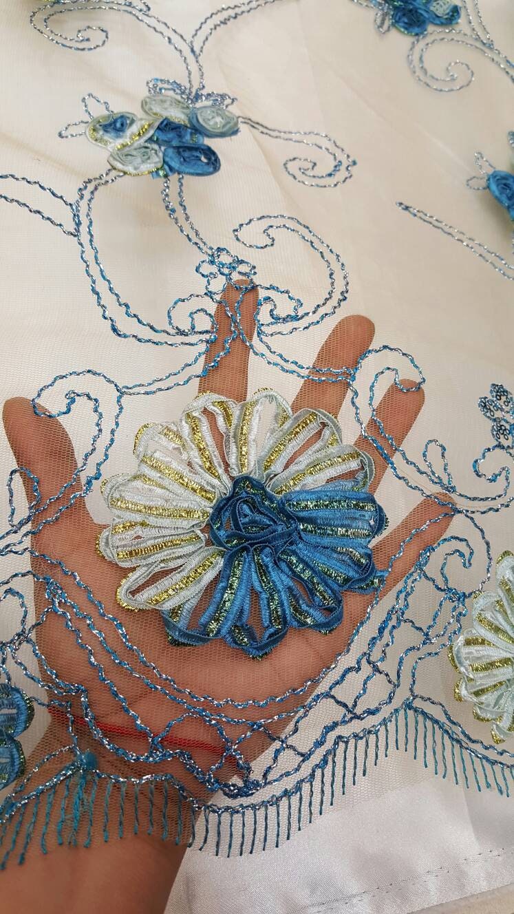 Embroidered Lace Blue Floral Border on Champagne Mesh