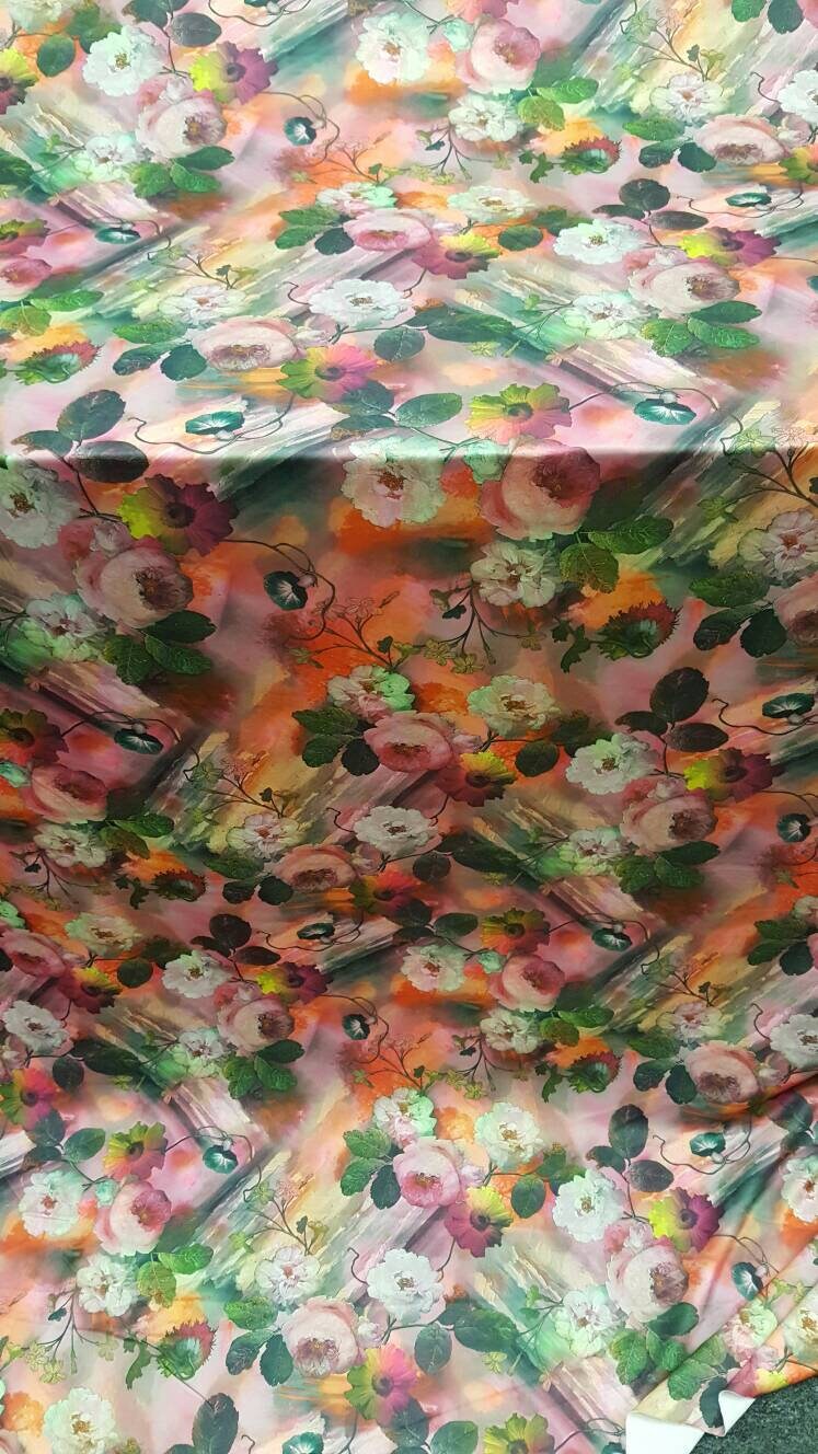 Floral Spandex Stretch Fabric Orange Pink Green
