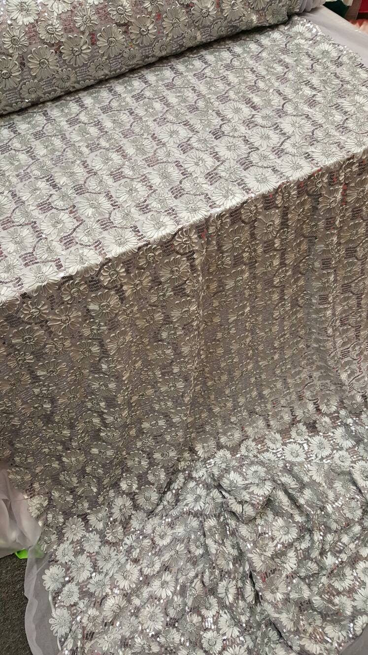Sequin Lace Embroidered Floral Mesh Silver Gray