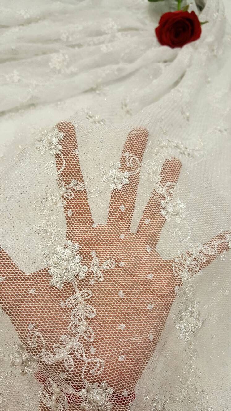 Embroidered Stretch Lace White Silver