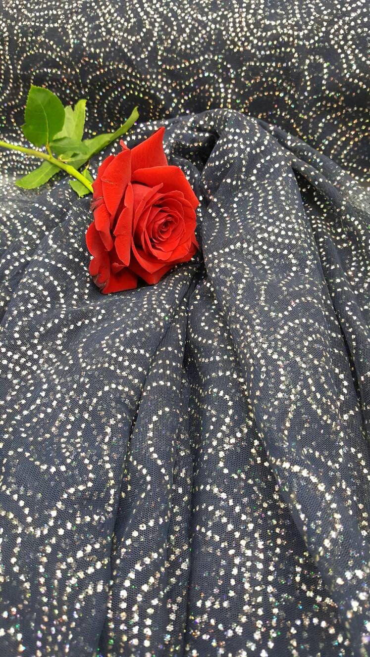 Rhinestone Mesh Lace Navy Blue Multicolor Iridescent