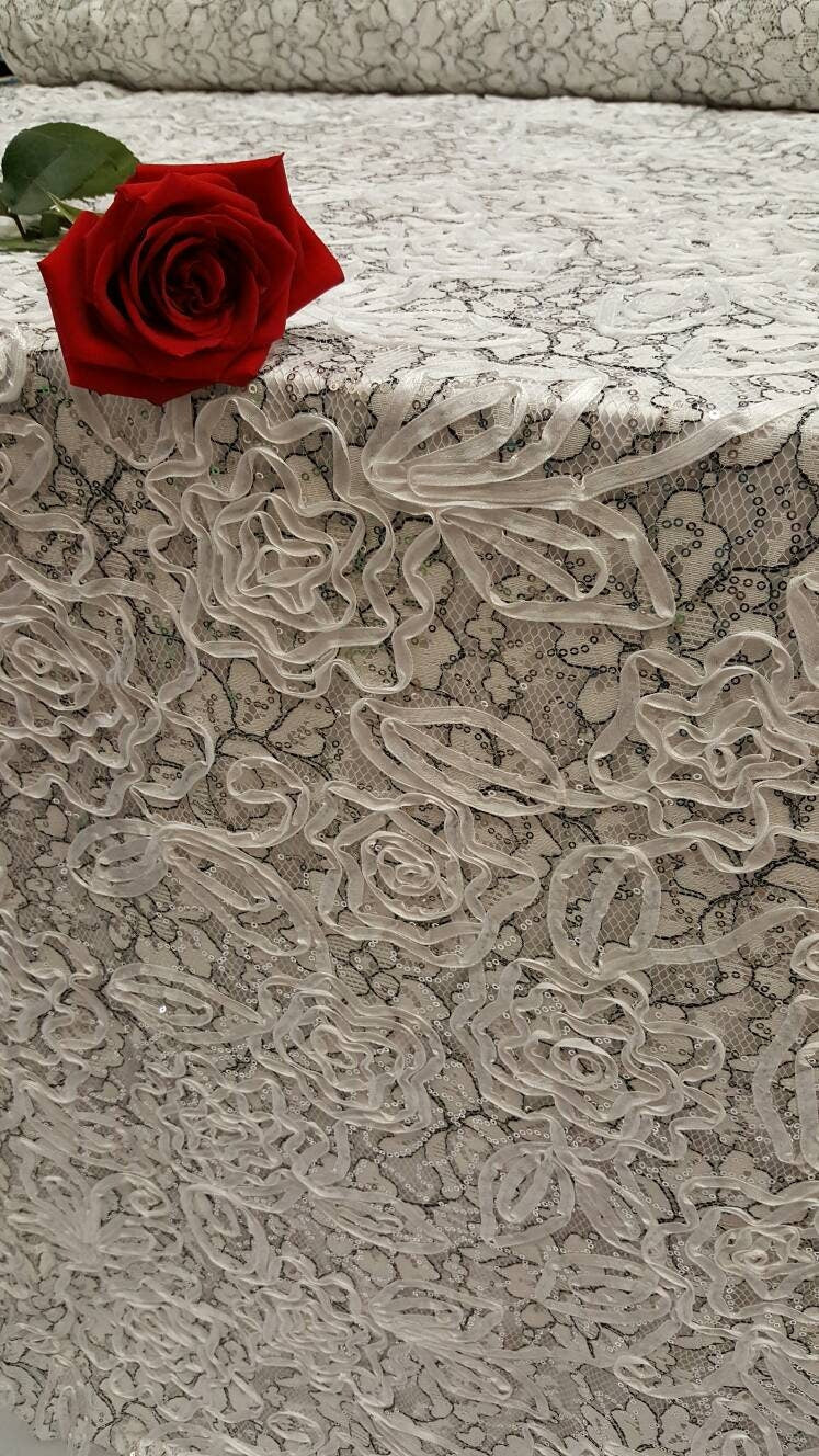 Embroidered Sequin Mesh Fabric White Black Silver