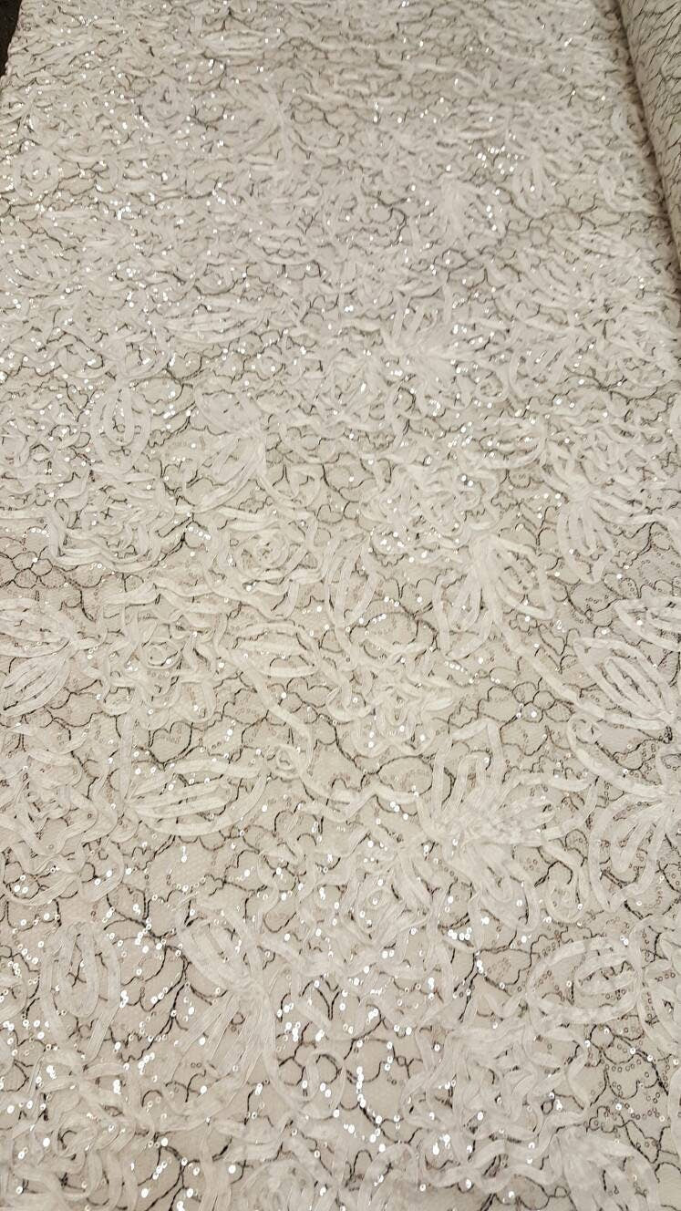 Embroidered Sequin Mesh Fabric White Black Silver