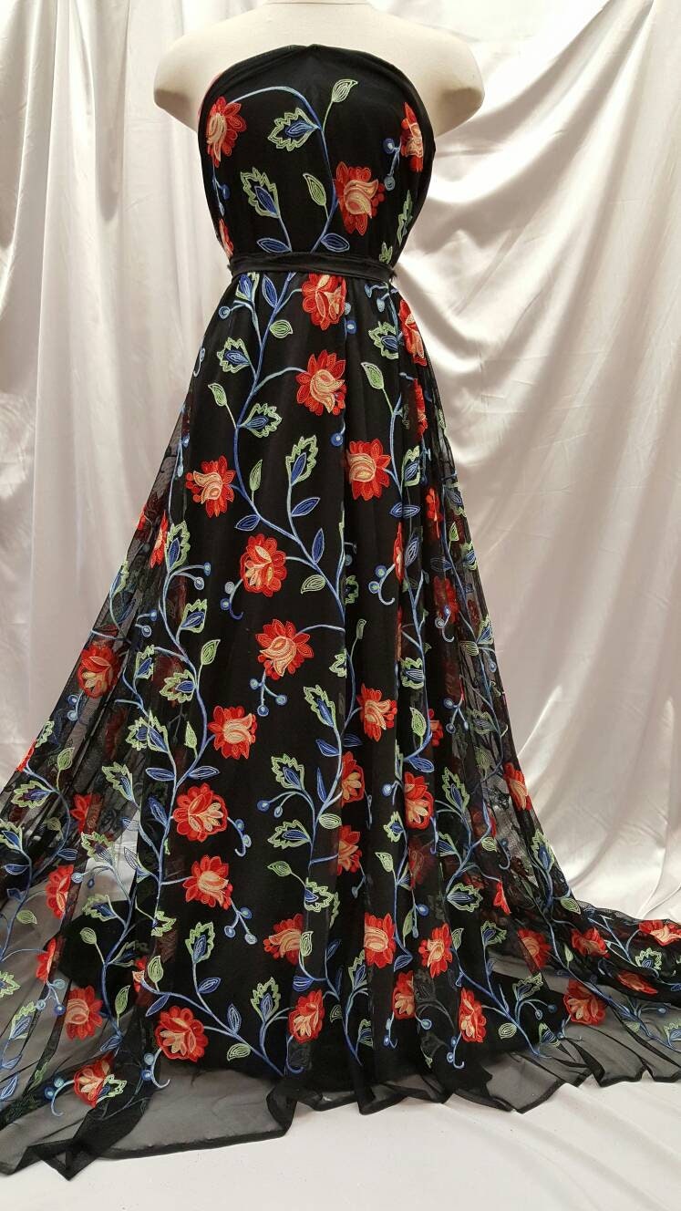 Embroidered Lace Multicolor Floral on Black Mesh