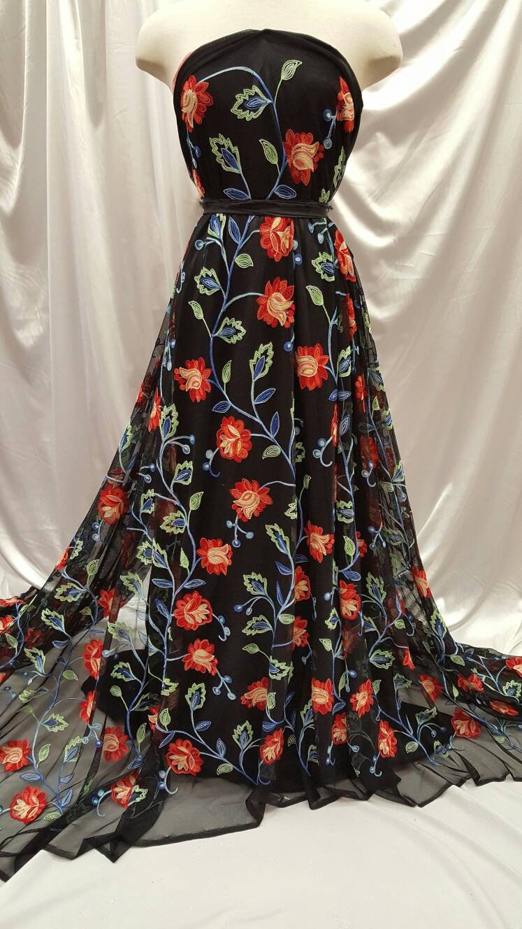 Embroidered Lace Multicolor Floral on Black Mesh