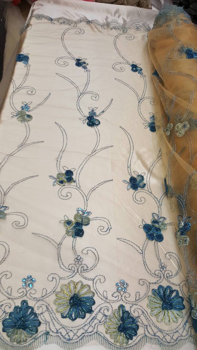 Embroidered Lace Blue Floral Border on Champagne Mesh