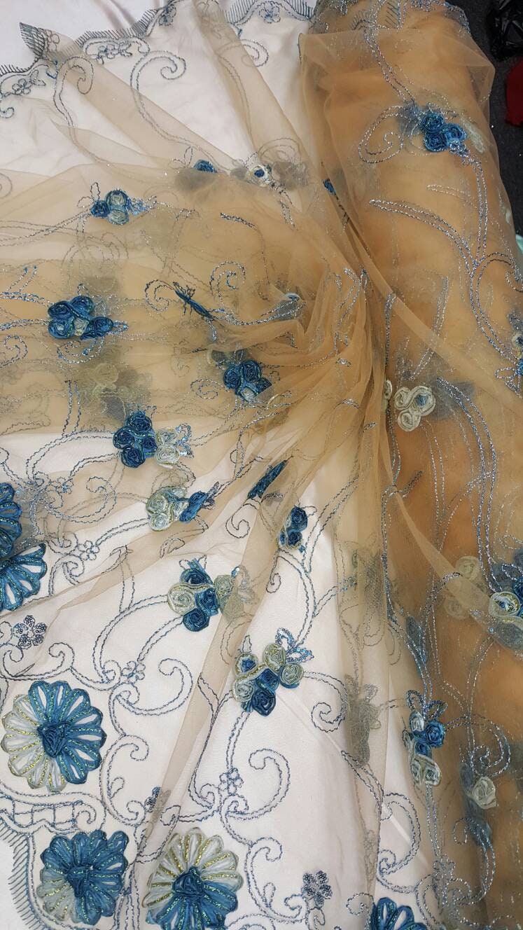 Embroidered Lace Blue Floral Border on Champagne Mesh
