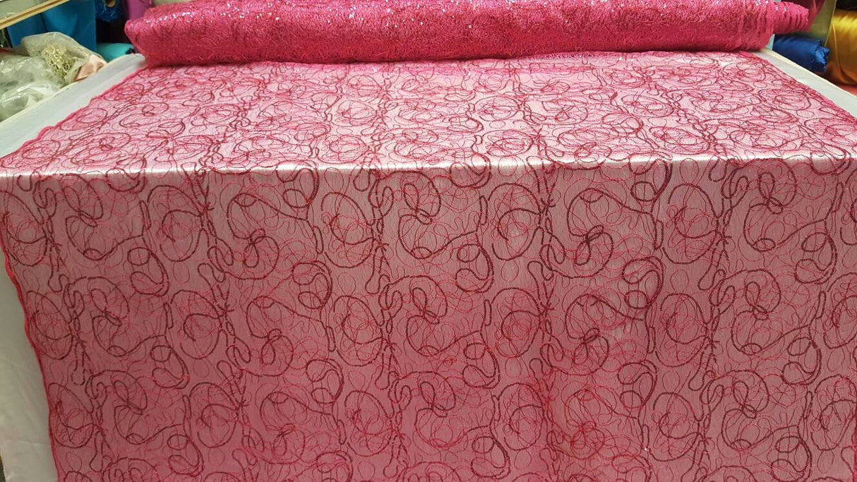 Embroidered Lace Sequin Fabric Hot Pink