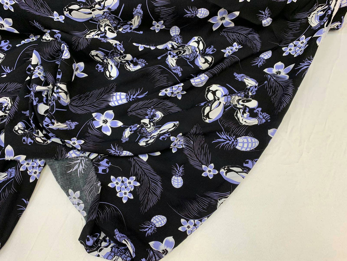 Rayon Challis Blue Black Floral