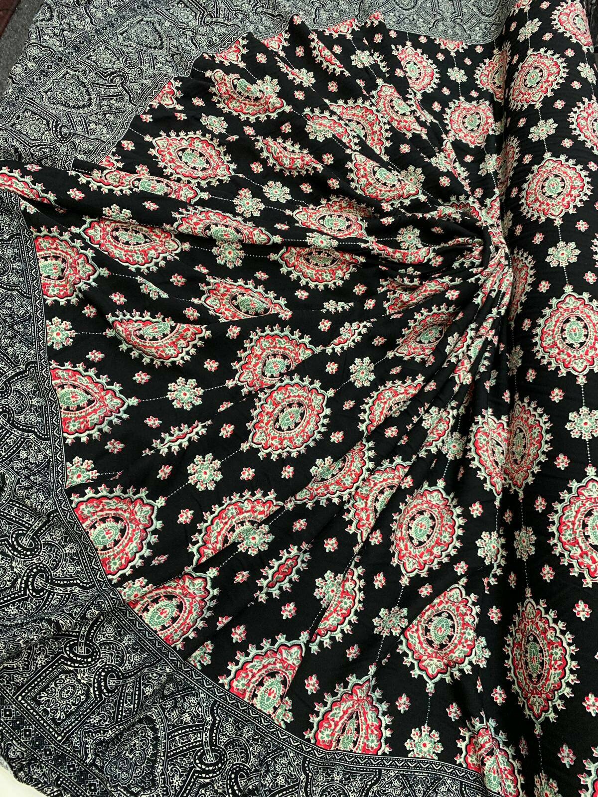 Rayon Challis Two Border Black and Fuchsia