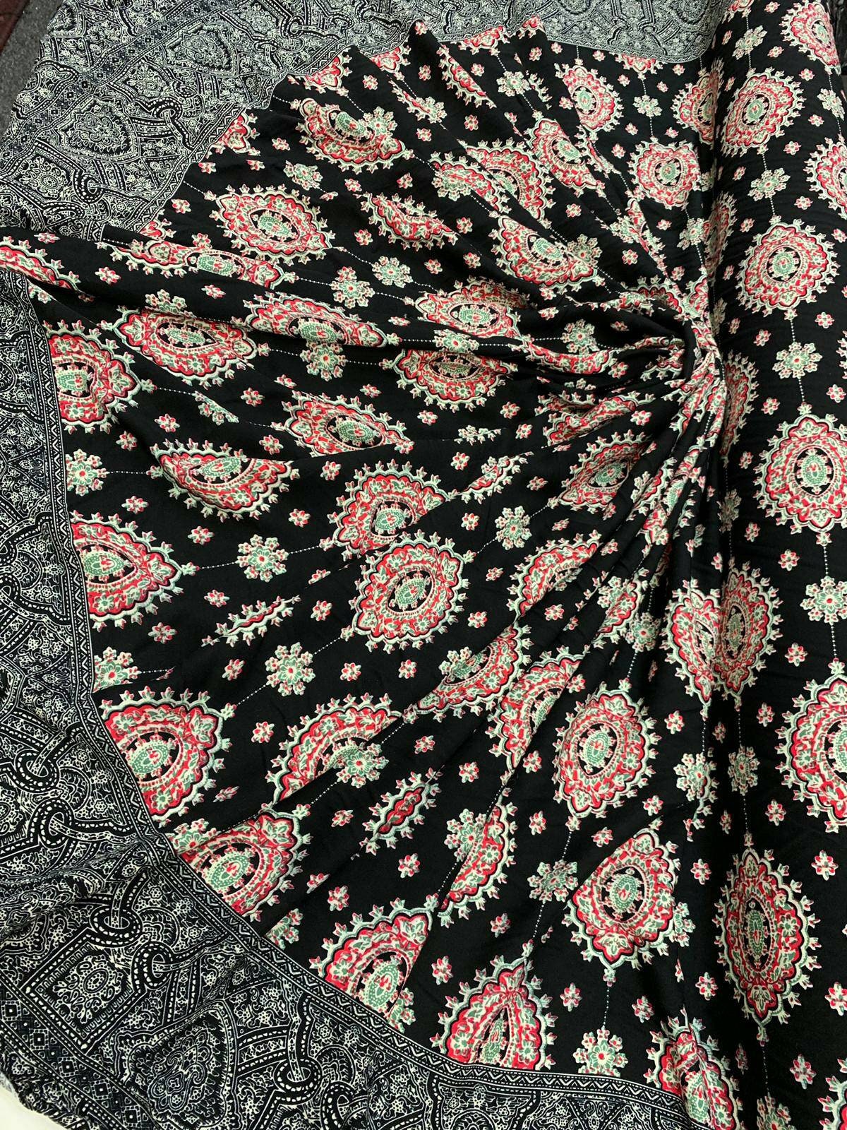 Rayon Challis Two Border Black and Fuchsia