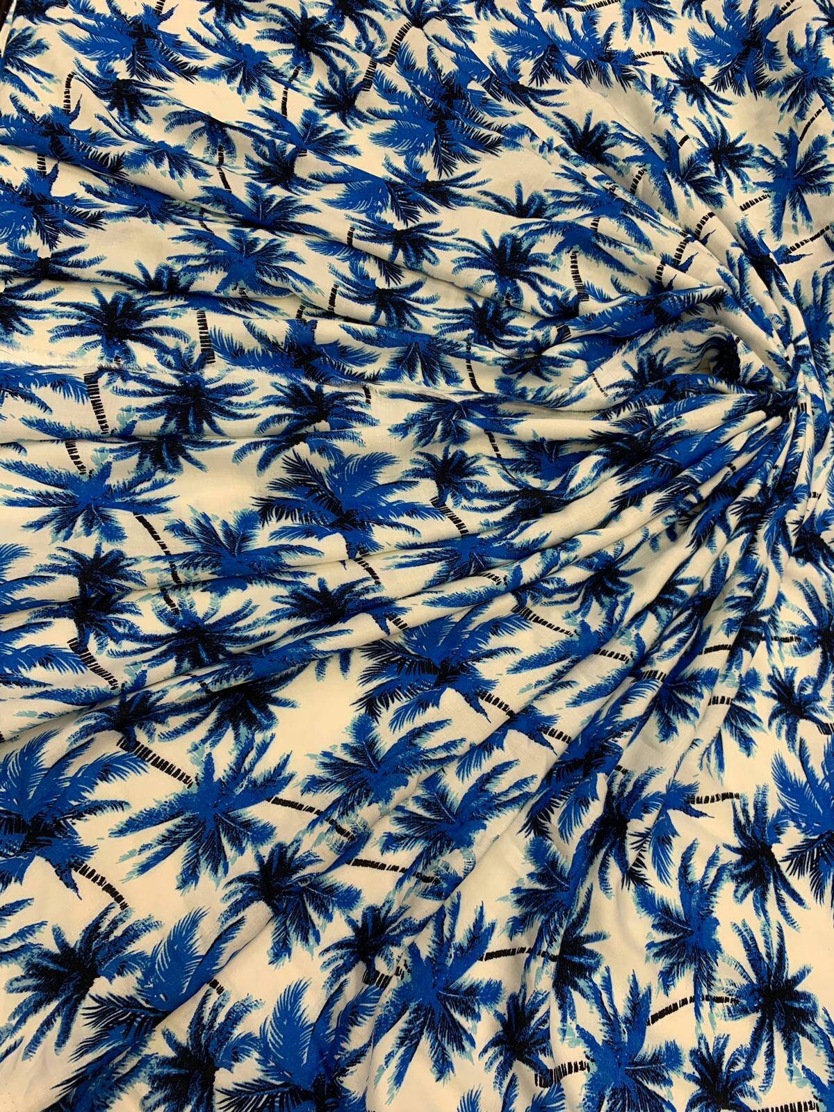 Rayon Challis Tropical Palm Print Blue