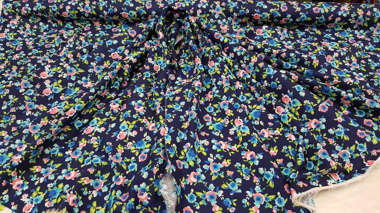 Rayon Challis Floral Print Navy Blue Pink