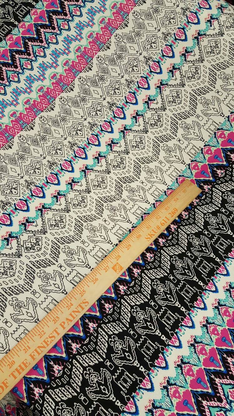 Rayon Challis Multicolor Geometric Pink Black White