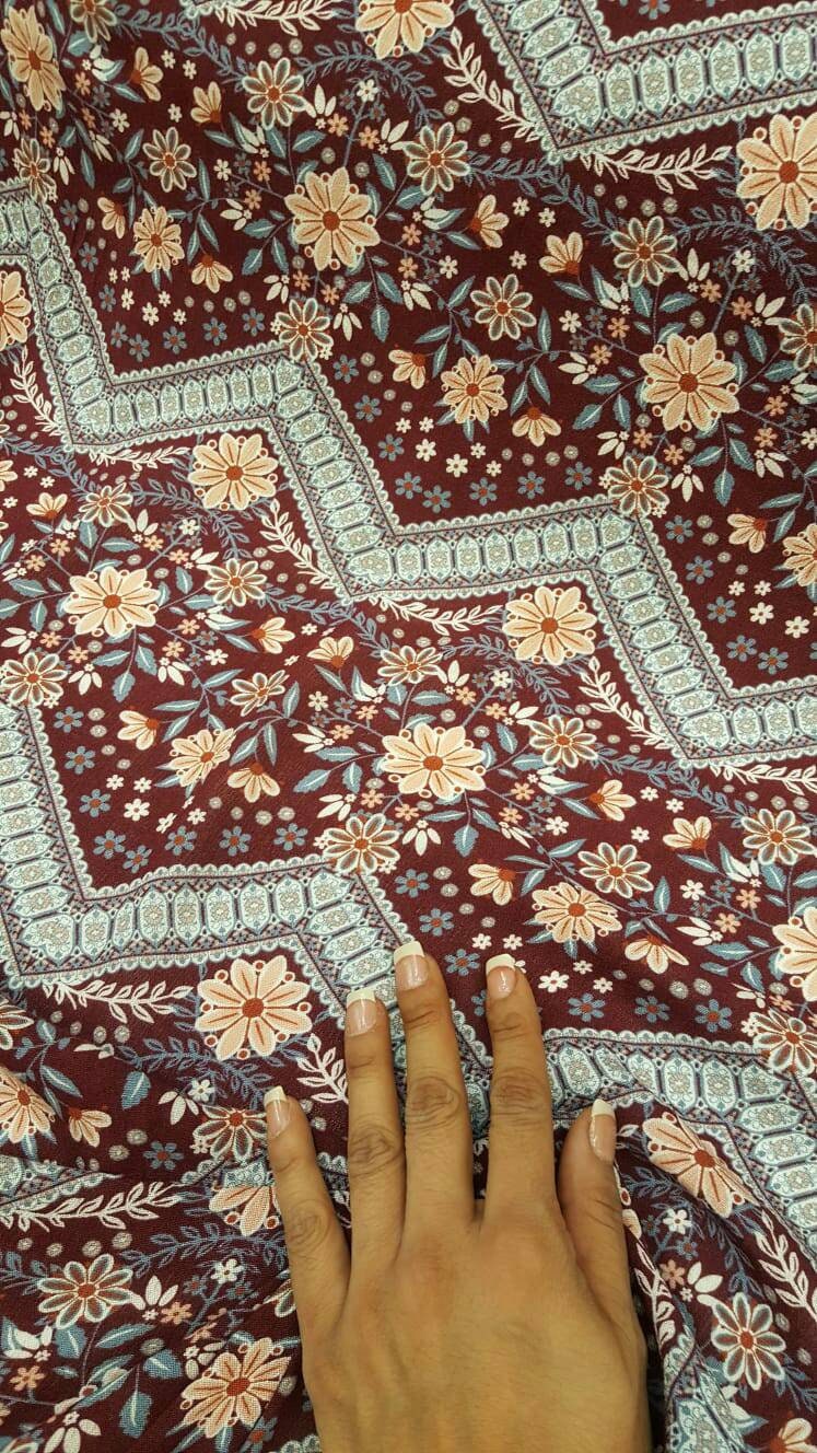 Rayon Challis Burgundy Floral Chevron Print