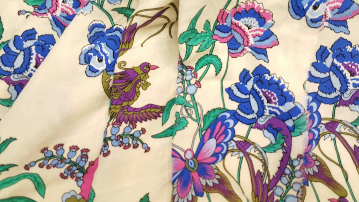 Rayon Challis Floral Butterfly Bird Print