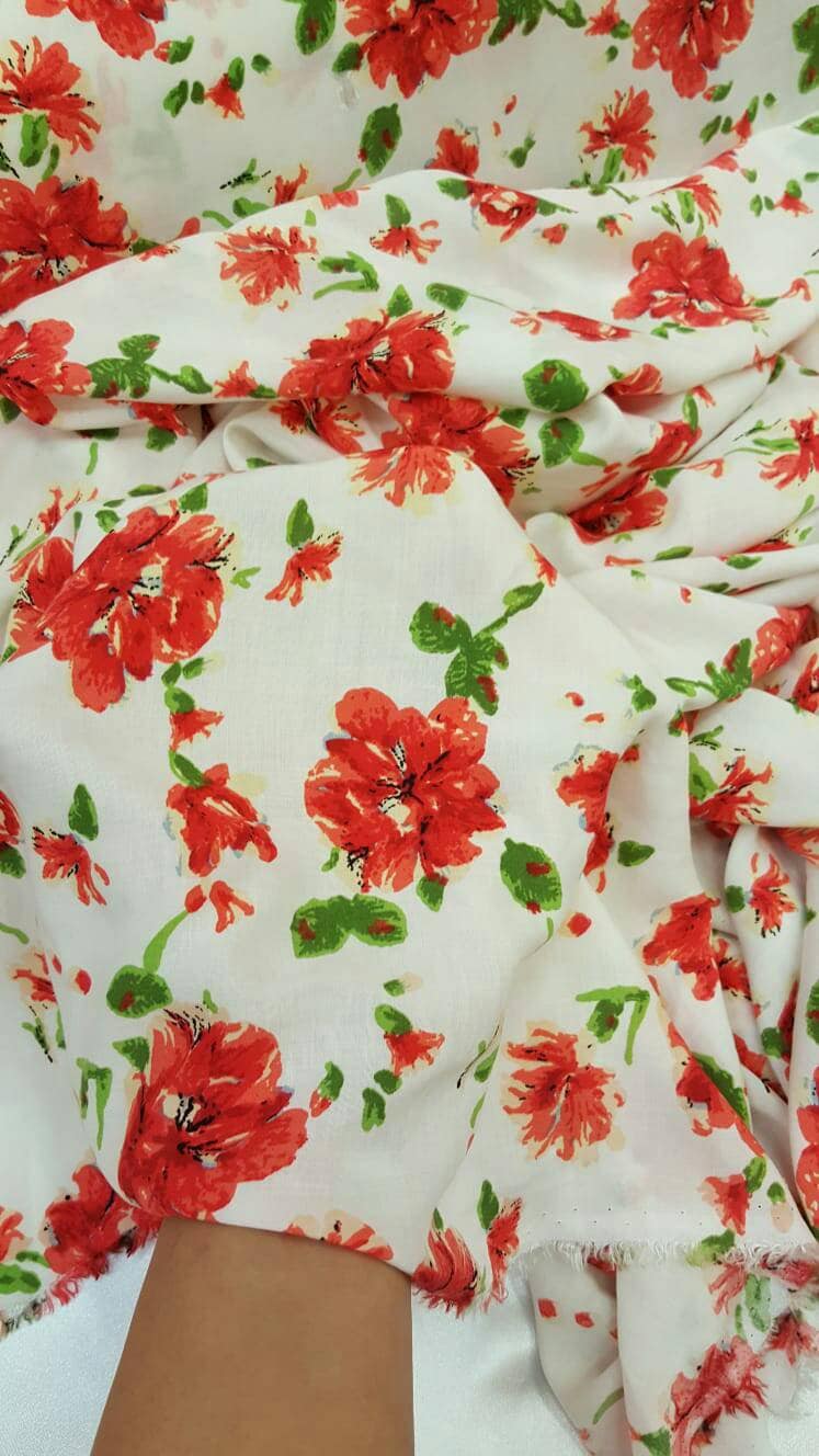 Rayon Challis Red and Green Floral on White