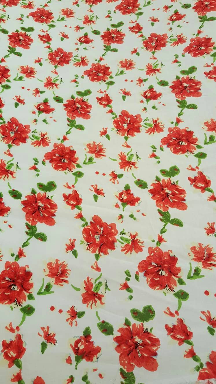 Rayon Challis Red and Green Floral on White