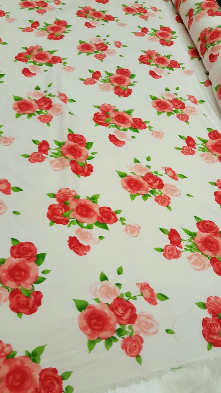 Rayon Challis Floral Roses Red Pink Green